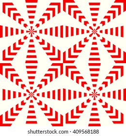 Seamless red stylized stars shine background. Red striped abstract wallpaper. Symmetric geometric ornament. Vector illustration