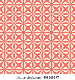 Seamless red stylized stars shine background. Red striped abstract wallpaper. Symmetric geometric ornament. Vector illustration