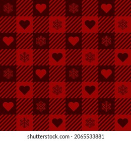 Seamless red tartan background pattern. Abstract shapes with hearts arranged alternately with snowflakes. Texture design for fabric, tile, textile, wrapping paper, poster, wall. Vector illustration.