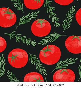 Seamless red tomato pattern with rosemary. Vector watercolor illustration.
