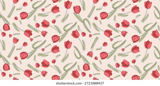 Tulipán rojo sin costuras, patrón floral con hojas verdes sobre fondo claro. Elegante patrón sin fisuras con tulipanes rojos y hojas verdes sobre fondo claro. Diseño de superficie floral ideal para la impresión textil, tela, Fondo de pantalla, papelería y decoración de primavera.