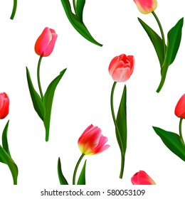Seamless from red tulips and green leaves. Clipping Mask. Vector illustration. Realistic tulips. Not trace.