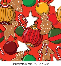 seamless red vector pattern for merry christmas and happy new year with ginger cookies and Christmas balls