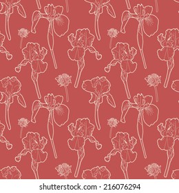 Seamless red vintage floral pattern with irises