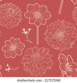 Seamless red vintage floral pattern with aster and daisy