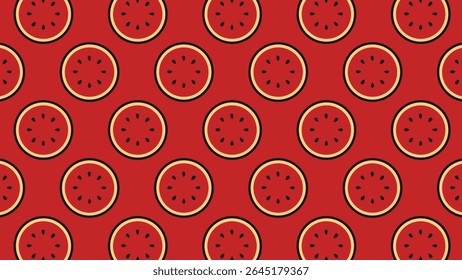 Seamless red watermelon slice pattern. Bold fruit background for summer and food designs. Repeating round texture. sstkBackgrounds