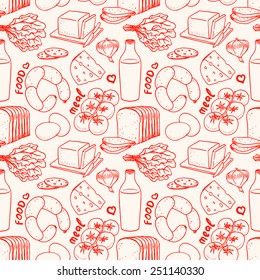 Seamless red and white background with different food