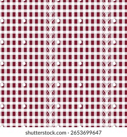 Seamless red and white checkered pattern featuring alternating squares with tiny heart shapes and diamond motifs. This retro-inspired design is perfect for Valentine's Day themes, fabric prints