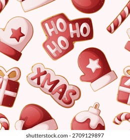 Seamless Red and White Christmas Cookie Pattern with Candy Canes, Mittens, Ho Ho Ho Text and Xmas Icing Biscuits. Festive Background Vector Illustration