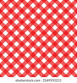 Seamless Red and white diagonal fabric texture background. Gingham Red colored checkered background. Vector Illustration