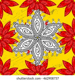 Seamless red and white doodles flower on yellow background with golden elements. Vector illustration.