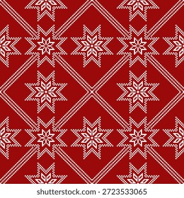 Padrão de estrela geométrica vermelho e branco contínuo criado com simetria de estilo pixel e repetição estruturada. Adequado para superfícies têxteis, impressão de tecidos, papéis de parede, papel de embrulho e fundos decorativos.