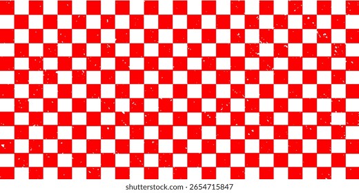 Seamless red and white grunge checkerboard pattern with a textured effect. Ideal for backgrounds, sports themes, retro design, racing flags, or digital backdrops. presentation