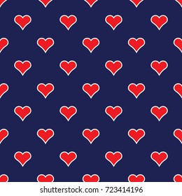 Seamless red and white heart shapes outline on a navy blue background pattern vector