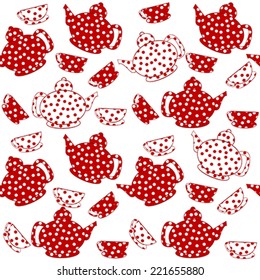 Seamless with red and white kettles and tea cups