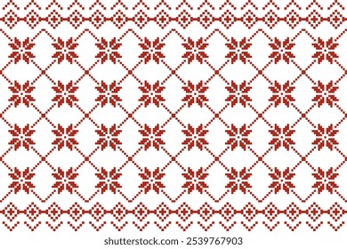 Padrão de floco de neve nórdico vermelho e branco sem costura - Design de inverno escandinavo acolhedor Ideal para suéteres de Natal, papel de embrulho, decoração caseira festiva, artesanato e projetos digitais com arte pixel vintage 