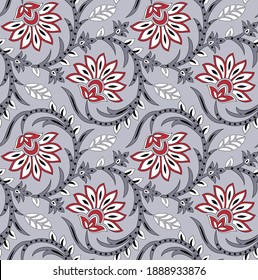 Seamless Red And White Paisley Pattern On Grey Background