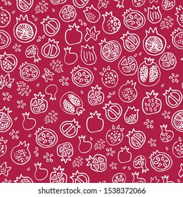 Seamless red and white pattern with pomegranates and grains - different forms and styles, doodle hand drawn painting, bicolor. Fruit set for decor on ruby background. Food. Paper or textile design.
