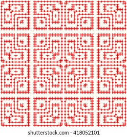 Seamless red white pattern with symmetric geometric ornament. Ethnic abstract background. Abstract repeated wallpaper. Vector illustration