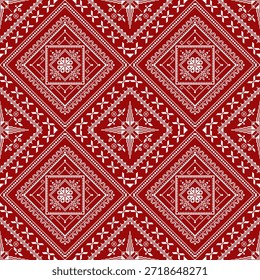 Patrón textil de escala Pequeña en rojo y blanco sin costuras con disposición geométrica de diamantes y motivos repetitivos estructurados para el diseño de telas y superficies.