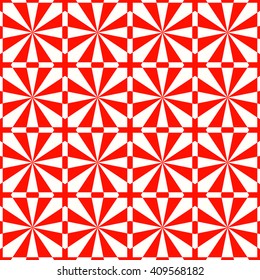Seamless red white stylized sunbeam background. Red striped abstract wallpaper. Symmetric geometric ornament. Vector illustration