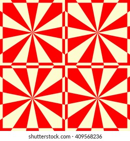 Seamless red white stylized sunbeam background. Red striped abstract wallpaper. Symmetric geometric ornament. Vector illustration