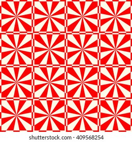 Seamless red white stylized sunbeam background. Red striped abstract wallpaper. Symmetric geometric ornament. Vector illustration