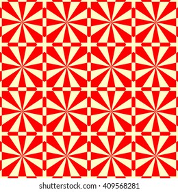 Seamless red white stylized sunbeam background. Red striped abstract wallpaper. Symmetric geometric ornament. Vector illustration