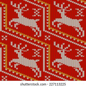 Seamless Red Winter Background with Knitted Deers