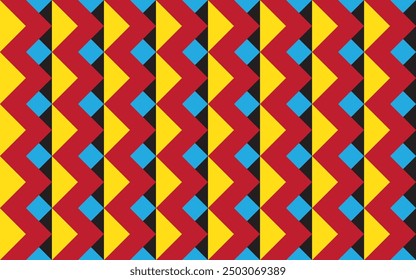 Seamless red and yellow chevron pattern on a blue and black background, arranged in a striking zigzag pattern. Perfect for fabric or wallpaper designs