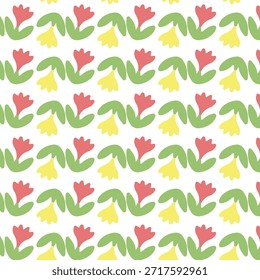 Seamless red and yellow floral pattern on a white background. This is a simple, flat vector illustration of stylized flowers and leaves, ideal for fabric, wrapping paper, or wallpaper design.