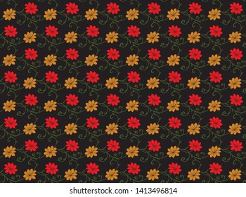 Seamless red and yellow flower pattern with leaves and black background