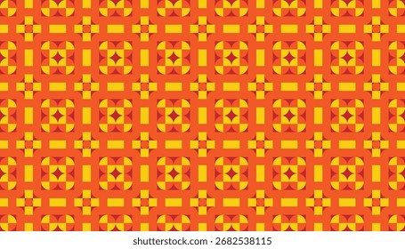 Padrão Geométrico Vermelho e Amarelo Contínuo - Fundo de Simetria Abstrata. padrão em tons vermelhos e amarelos vibrantes, apresentando quadrados, diamantes e formas semelhantes a estrelas dispostas em simetria perfeita