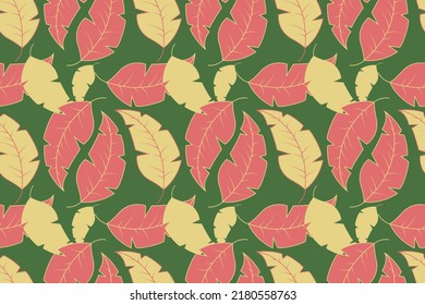 Seamless red and yellow pattern with flowers on green background. Hand drawn vector illustration. Simple colored autumnal doodles for fashion design and fabric background. Russian style.