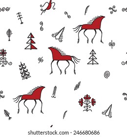 Seamless red-black-and-white folk Mezen pattern with horses and plants