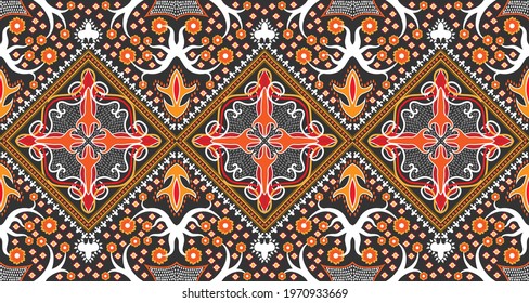 Seamless red-orange fabric pattern adorned with traditional Central Asian motifs.EP.4.Used to decorate carpets, clothes, shoes, bags, curtains, textiles or other 