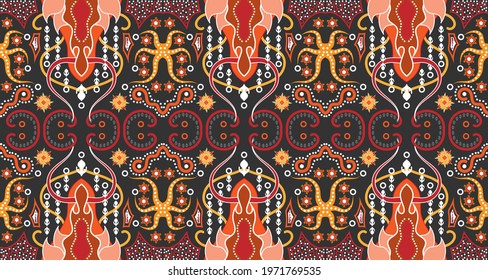 Seamless red-orange fabric pattern adorned with traditional Central Asian motifs.EP.5.Design for background, carpet, wallpaper, clothing, wrapping, Batik, fabric, Vector.