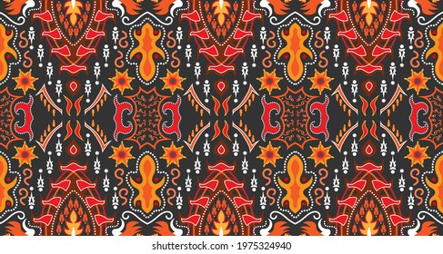Seamless red-orange fabric pattern adorned with traditional Central Asian motifs.EP.6.Design for background, carpet, wallpaper, clothing, wrapping, Batik, fabric, Vector.