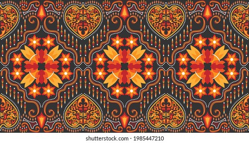 Seamless red-orange fabric pattern adorned with traditional Central Asian motifs.EP.8.Design for background, carpet, wallpaper, clothing, wrapping, Batik, fabric, Vector.