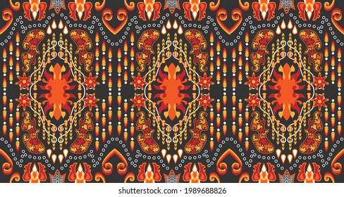Patrón de tejido rojo-naranja sin soldadura adornado con motivos tradicionales de Asia Central.EP.9.Diseño de fondo, alfombra, papel pintado, ropa, envoltura, Batik, tela, Vecto