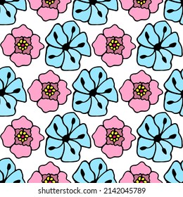 Seamless regular flower background, pink and blue painted flowers
