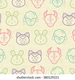 Seamless regular pattern with outlined farm animals (lamb, cow, pig, rabbit) in cute childish style. Happy and babyish color palette
