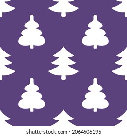 Seamless regular pattern with silhouettes of Christmas trees. Lovely texture for Happy New Year celebration decoration. Simple white fir on winter purple background. Nice ornament. Festive stencil.