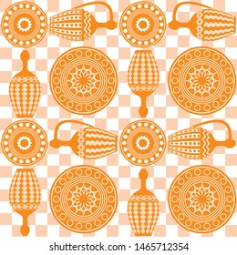 Seamless regular pattern of three amphorae and plates. Dishes in Greek, Asian style. Egyptian motives. For printing on textiles, curtains, t-shirts, Wallpaper. For templates, cards, web design, mockup