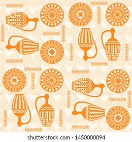 Seamless regular pattern of two amphorae and plates. Dishes in Greek, Asian style. Egyptian motives. For printing on textiles, curtains, t-shirts, Wallpaper. For templates, cards, web design, mockup.