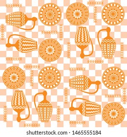 Seamless regular pattern of two amphorae and plates. Dishes in Greek, Asian style. Egyptian motives. For printing on textiles, curtains, t-shirts, Wallpaper. For templates, cards, web design, mockup