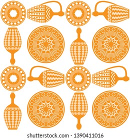 Seamless regular symmetrical pattern of amphorae and plates. Dishes in Greek style. Egyptian motives. For printing on textiles, curtains, t-shirts, Wallpaper. For templates, cards, web design, Mockup