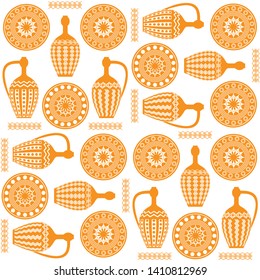 Seamless regular symmetrical pattern of three amphorae and plates. Dishes in Greek, Asian style. Egyptian motives. For printing on textiles, curtains, t-shirts, Wallpaper. For templates, cards,  web