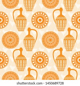 Seamless regular symmetrical pattern of three amphorae and plates. Dishes in Greek, Asian style. Egyptian motives. For printing on textiles, curtains, Wallpaper. For templates, cards and web design.