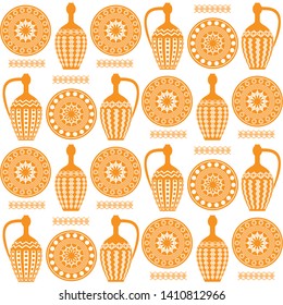 Seamless regular symmetrical pattern of  two jugs and plates. Dishes in Greek, Asian style. Egyptian motives. For printing on textiles, curtains, t-shirts, Wallpaper. For templates, cards, mockup